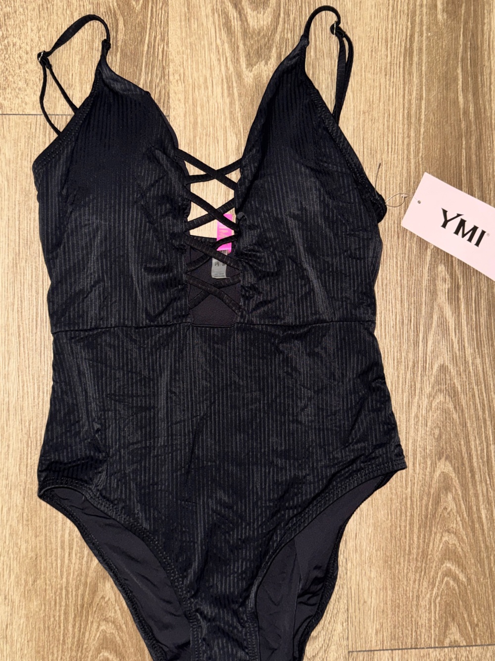 YMI Black Ribbed Lace-Up Bandeau One-Piece